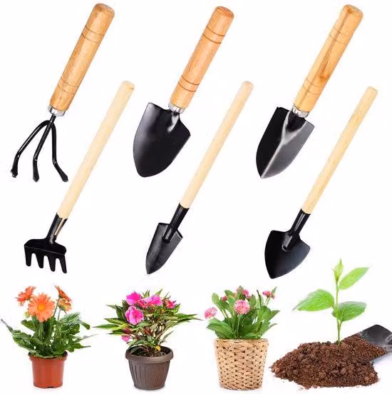 Ibenzoa® Set di 6 mini-utensili da giardino: pala, zappa e rastrello | Lame in acciaio inossidabile, manici in legno | Ideale per balconi, terrazzi e piante da interno