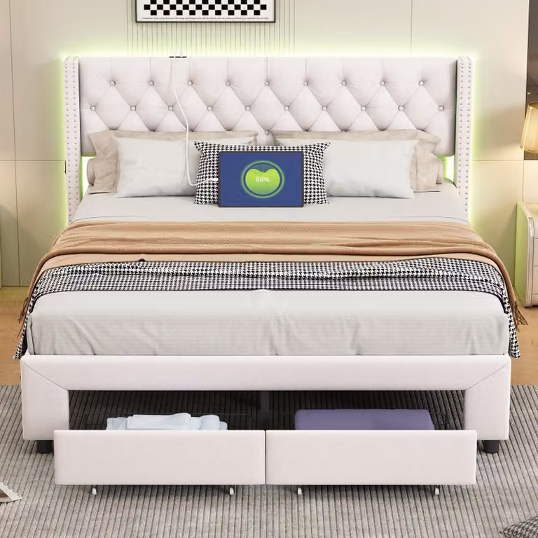 Letto imbottito matrimoniale INONEFT, dimensioni 180x200 cm, con 2 cassetti, testiera con illuminazione LED e prese USB, adatto anche per ragazzi, rivestito in velluto, colore beige