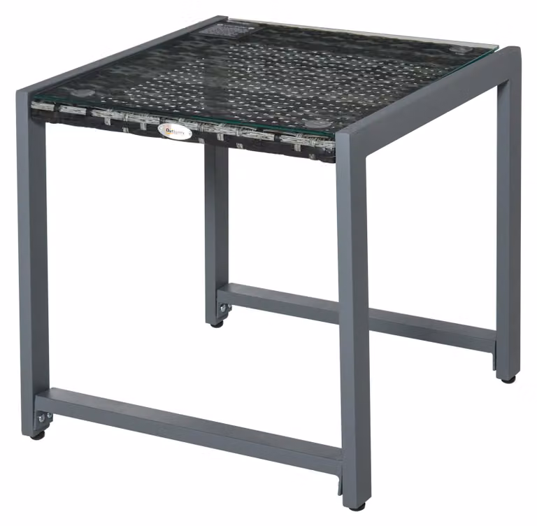 Tavolo da giardino Moonbite, forma quadrata, dimensioni 50 x 49,5 x 50 cm. Tavolino ausiliario in rattan sintetico con piano in vetro, struttura in alluminio, capacità di carico fino a 30 kg. Materiali: rattan sintetico e alluminio. Colore: grigio