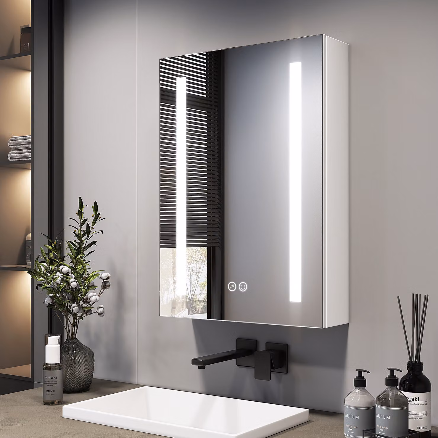 Armadietto a specchio EMKE con illuminazione a LED 500 x 700 x 145 mm con antiappannamento e 3 colori di luce dimmerabili, armadietto da bagno a 1 anta con presa e interruttore a sfioramento
