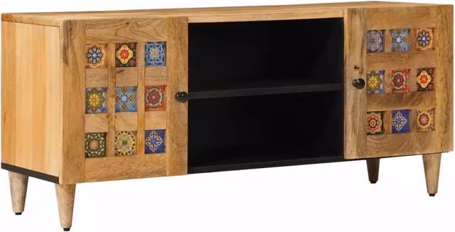 Mobile TV moderno vidaXL in legno di mango massello, colore marrone e beige, L: 105 cm, P: 33 cm, H: 46 cm