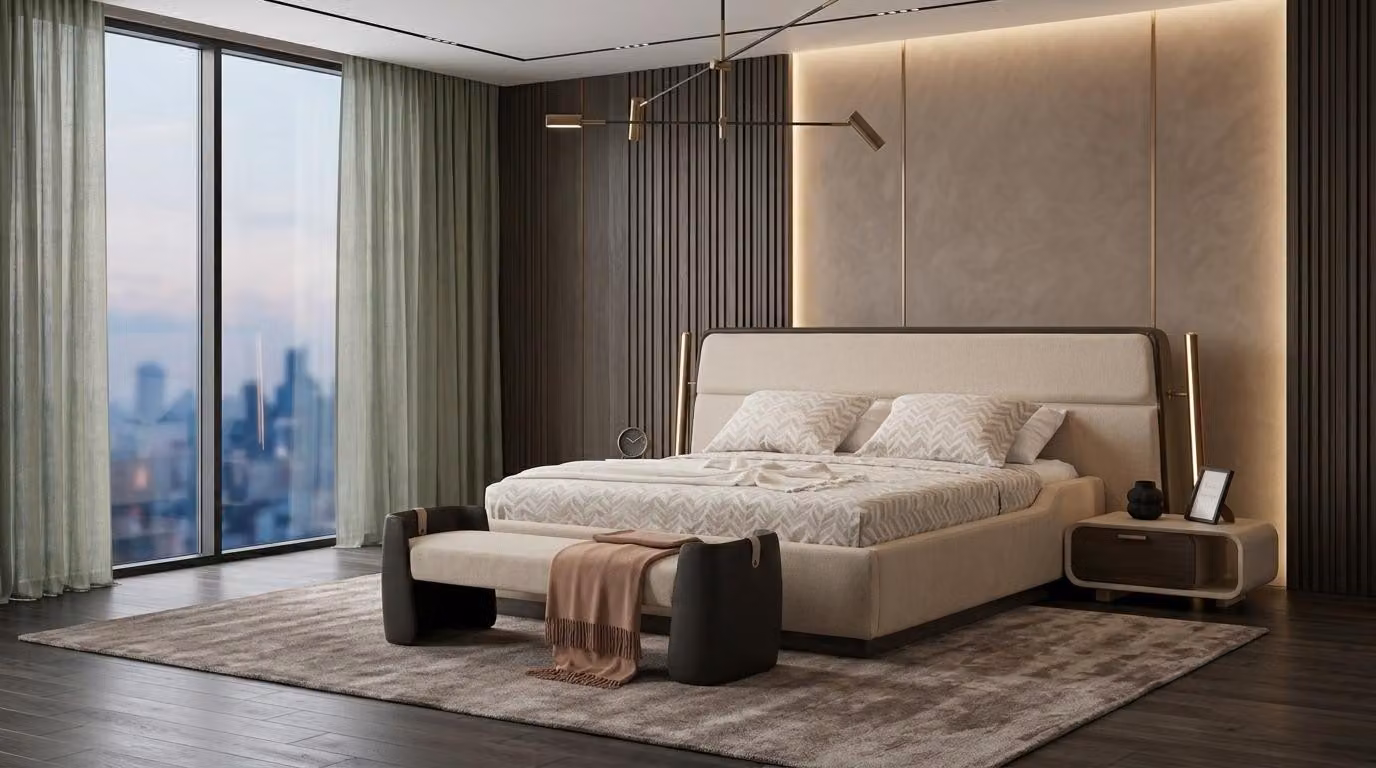 Due comodini, panca, camera da letto, stile moderno, beige, confortevole