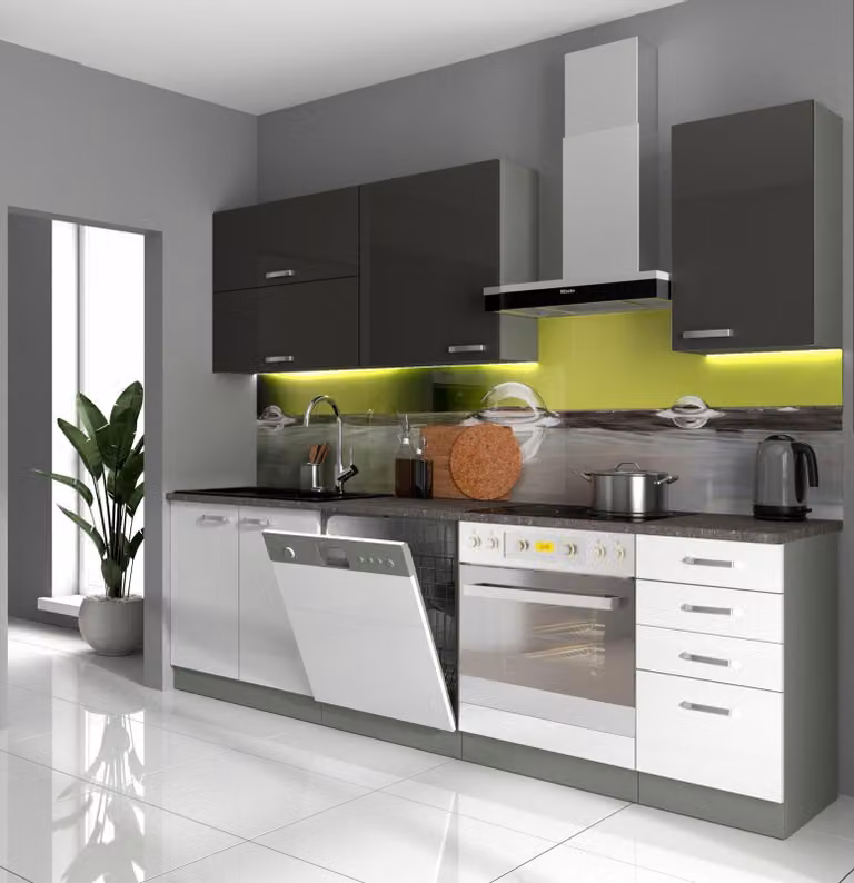Cucina Bianca Basic V 240, linea cucina in bianco lucido + grigio, cucina componibile Grey