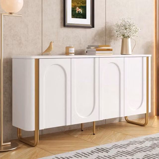 Credenza con 4 ante con apertura a pressione e 4 vani in MDF bianco con piedi in ferro per soggiorno 160 × 35 × 80,5 cm