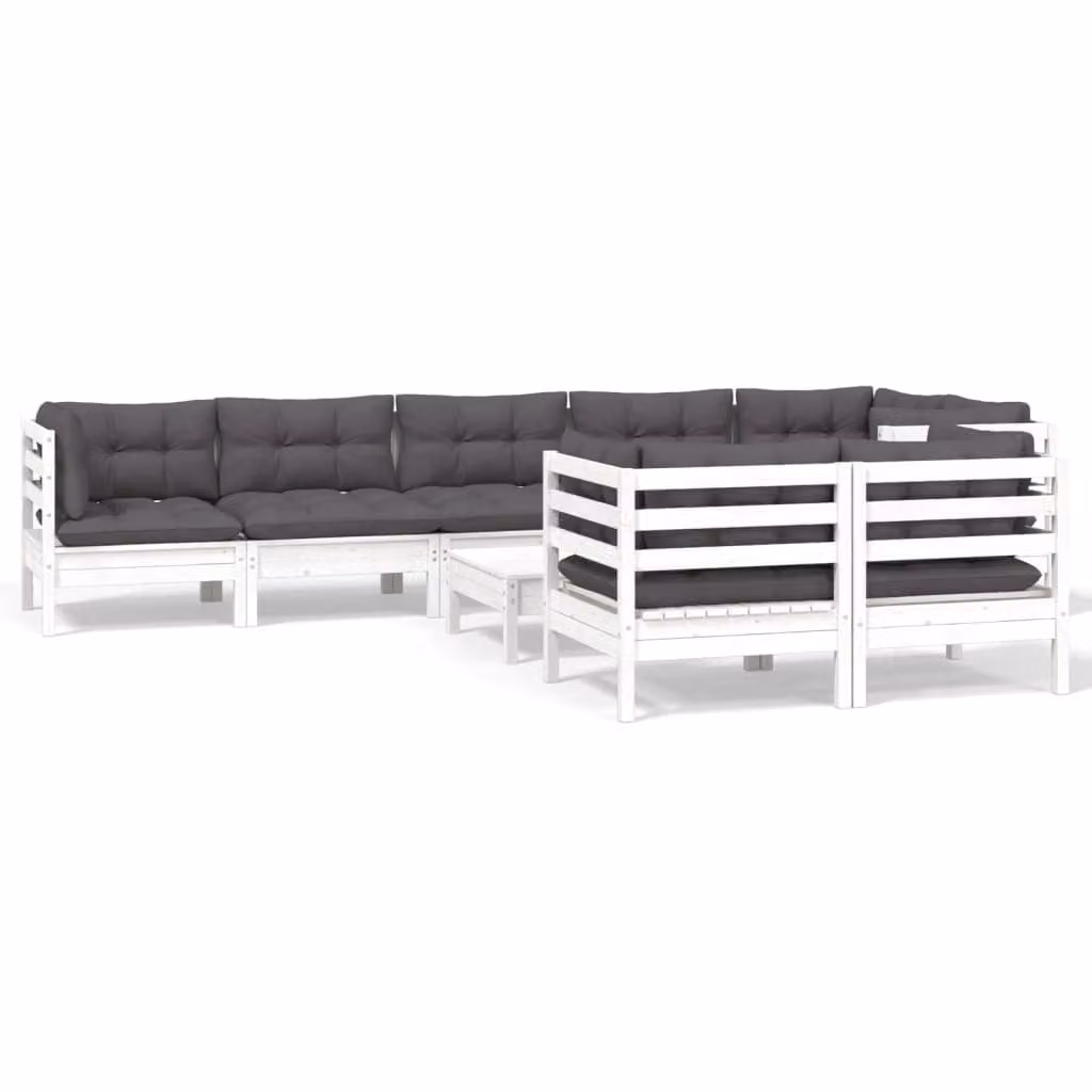 Set Divani da Giardino 9 pz con Cuscini Bianchi Legno di Pino