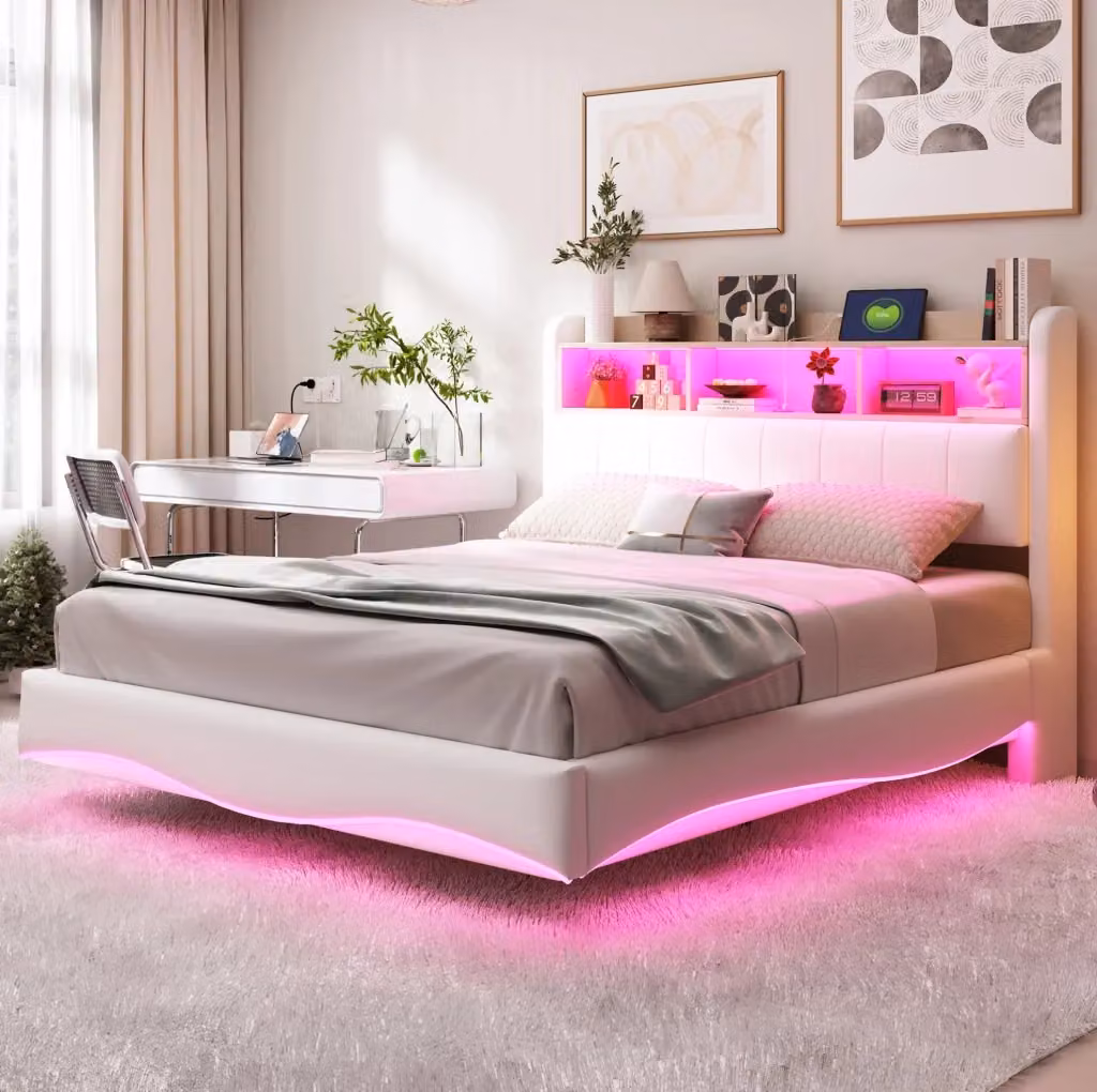 Letto imbottito moderno beige con illuminazione LED sottostante, porte USB e Type-C e scomparti laterali, L/P: 140 x 200 cm – 2