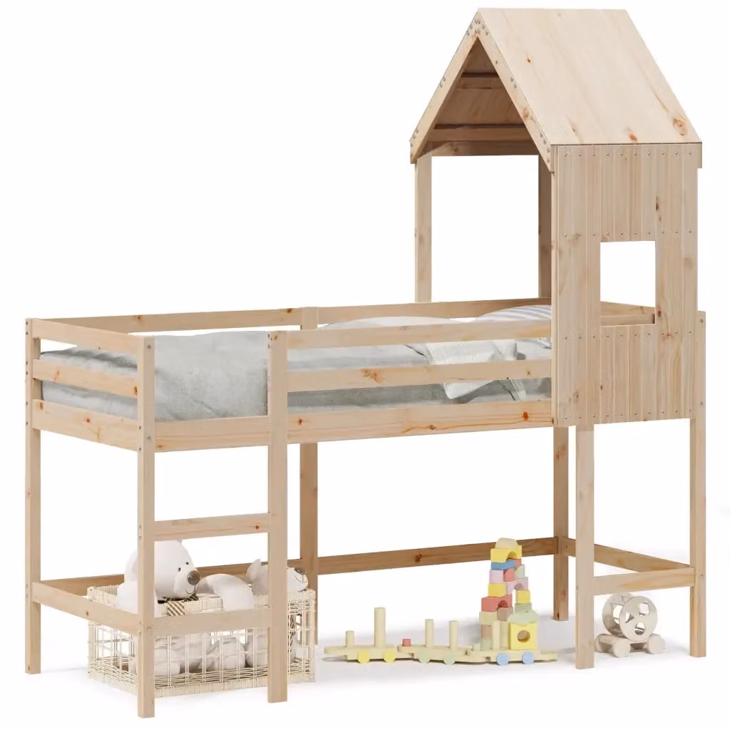 vidaXL Letto Soppalco per Bambini con Scala e Tetto in Legno Massello di Pino, Colore Marrone, L/P/H: 200 x 80 x 178 cm – 2