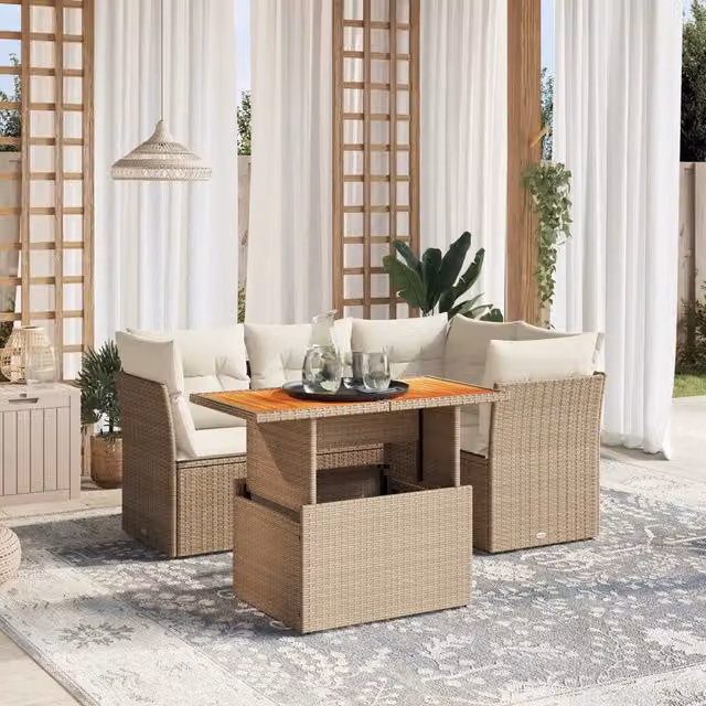 Set Divano da Giardino a L VIDAXL in Polyrattan Beige con 5 Cuscini Moderno