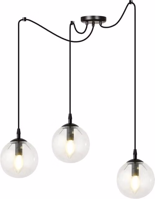 Lampadario a sospensione Luceart-Classic con 3 luci a sfera in vetro trasparente e metallo nero
