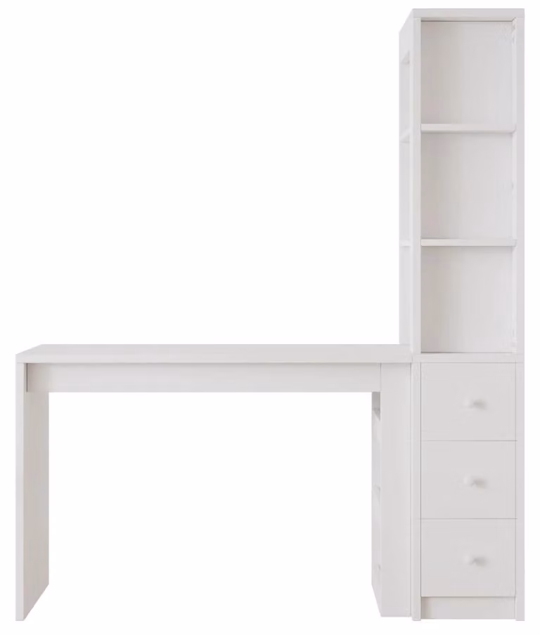 Scrivania - Tavolo da lavoro con libreria integrata - Cassetti e ripiano laterale - MDF - 150 x 50 x 180 cm - Bianco - Assemblaggio richiesto