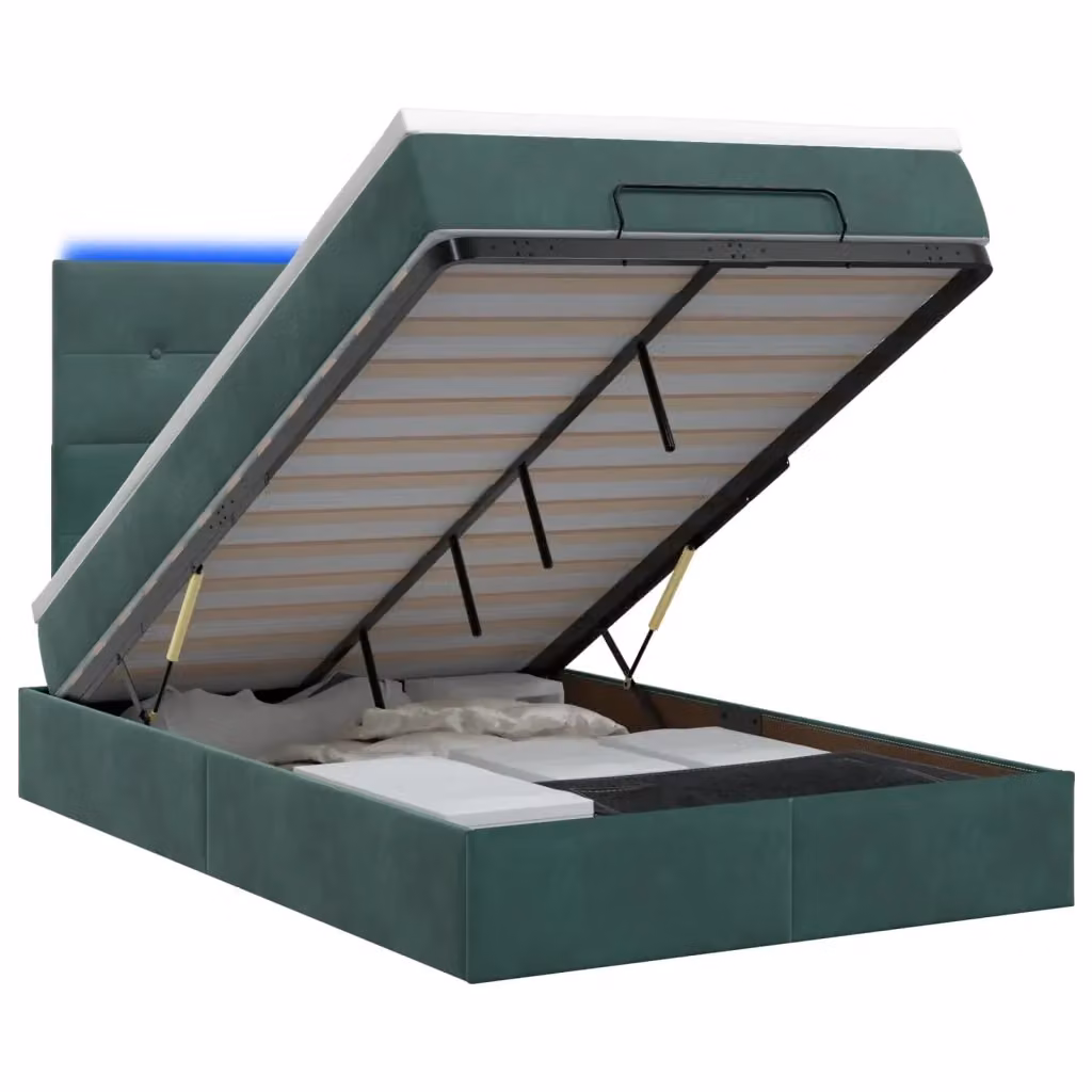 Letto Ottomano vidaXL con Materasso Ibrido e Illuminazione LED Sotto il Letto in Velluto Verde e Bianco L/P/H: 120 x 200 x 88 cm – 2