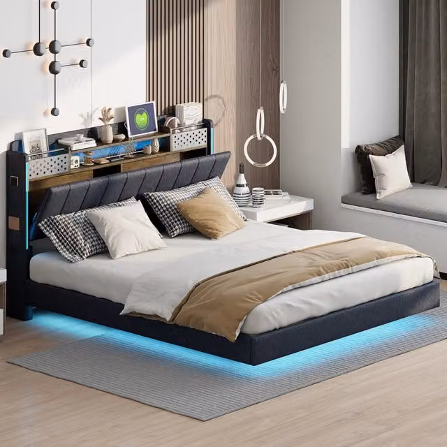 Letto matrimoniale imbottito 160 × 200 cm con LED USB testiera contenitore tessuto di lino grigio con rete a doghe