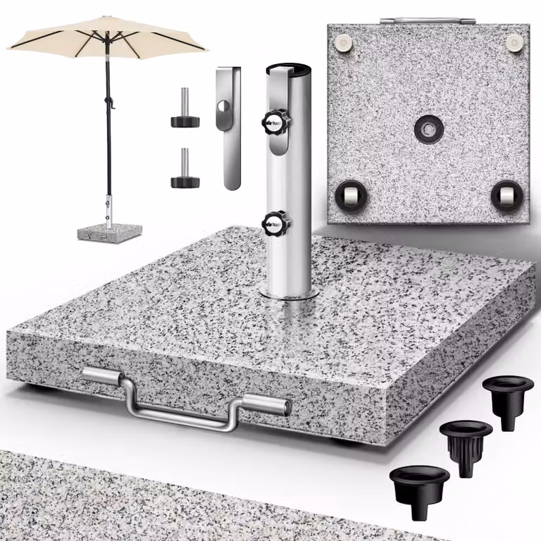 tillvex® Supporto per ombrellone in granito con rotelle e maniglia di trasporto Grigio - 27 kg Quadrato | Supporto per ombrellone con tubo in acciaio inox | Supporto per ombrellone da balcone per pali dell'ombrellone da 16-48 mm e 250 cm di diametro dell'