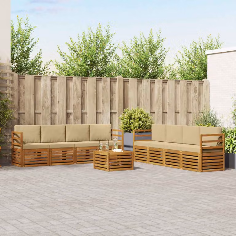 Set di divani da esterno vidaXL 9 pz a forma di U in legno di acacia con cuscini, colore beige e marrone