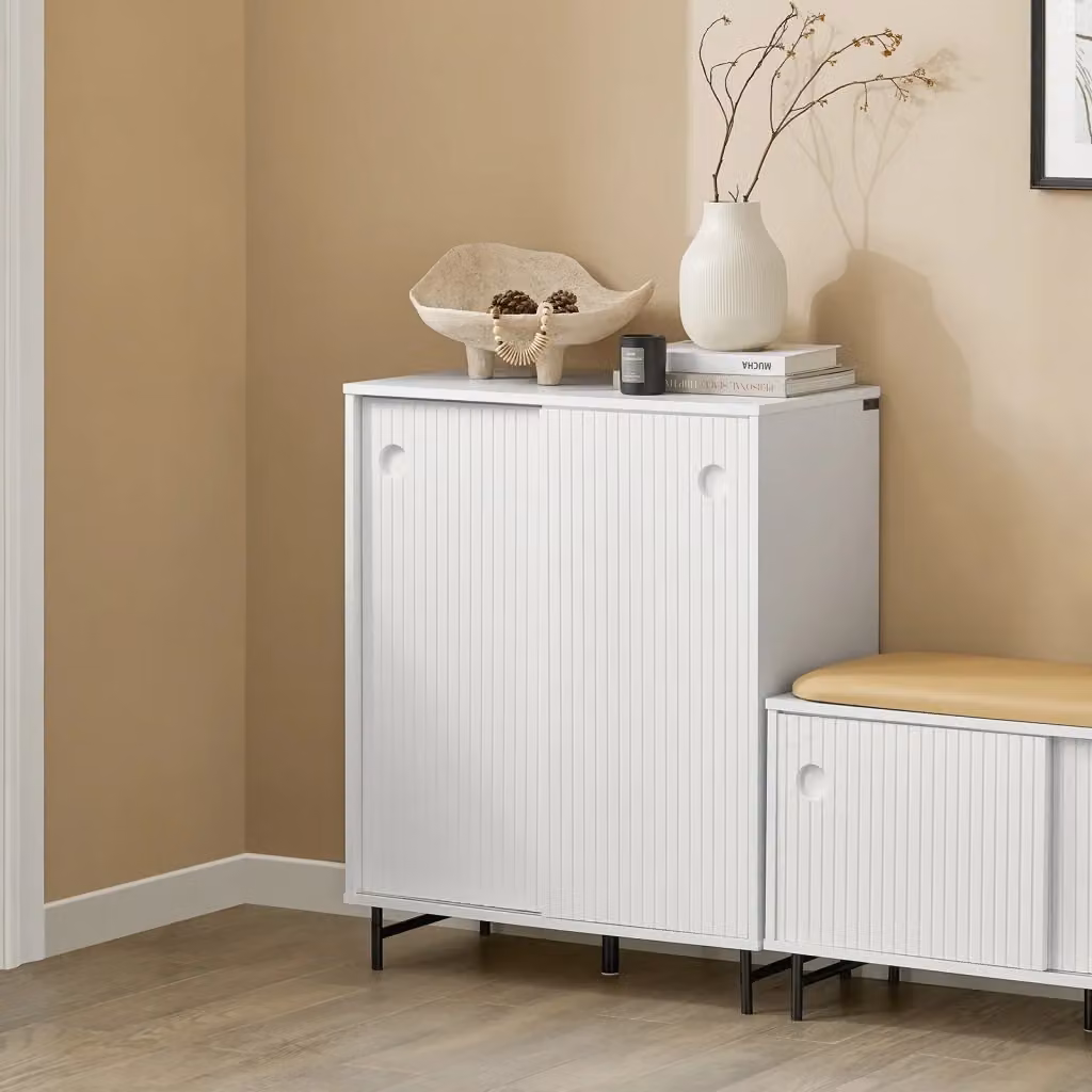 Credenza SoBuy con anta scorrevole e cassettiera, mobile versatile per cucina, ingresso o soggiorno, Bianco, L: 70 cm, P: 37 cm, H: 87 cm – 2
