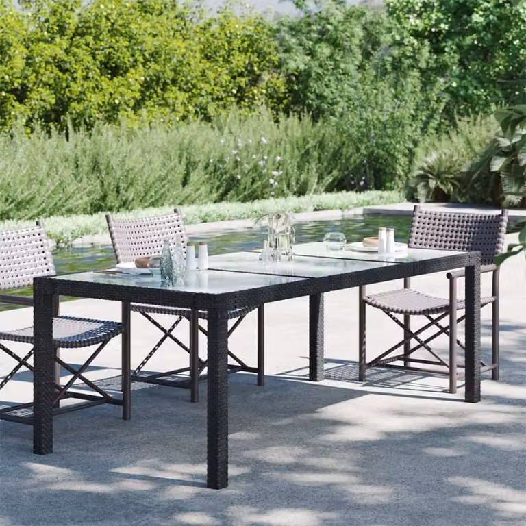 The Living Store Tavolo da giardino nero 190x90x75 cm Vetro temperato Poly Rattan
