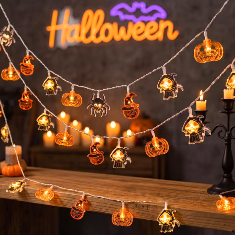 Catena luminosa a LED, 20 luci, luce bianco caldo, tema zucca di Halloween, lunghezza 3 metri, con timer