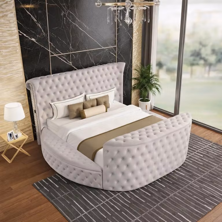 Letto imbottito rotondo, lussuoso, matrimoniale, dal design moderno e confortevole
