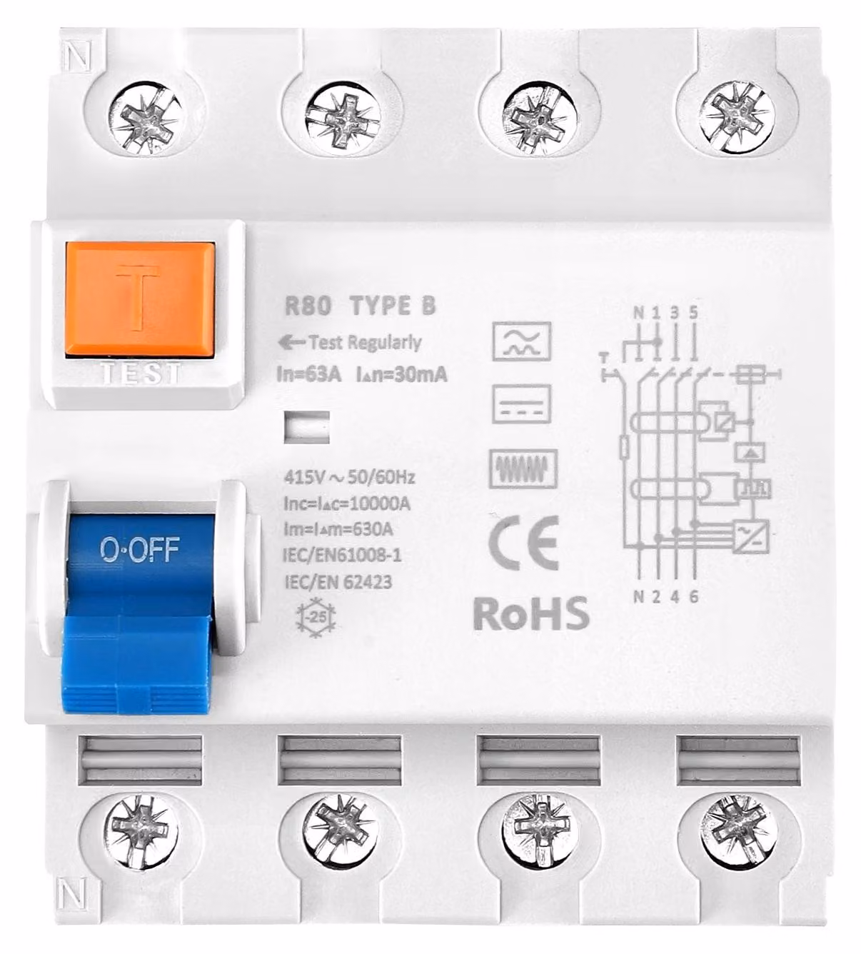 Interruttore automatico, protezione differenziale da 30mA, design a 4 poli, 63A, 4