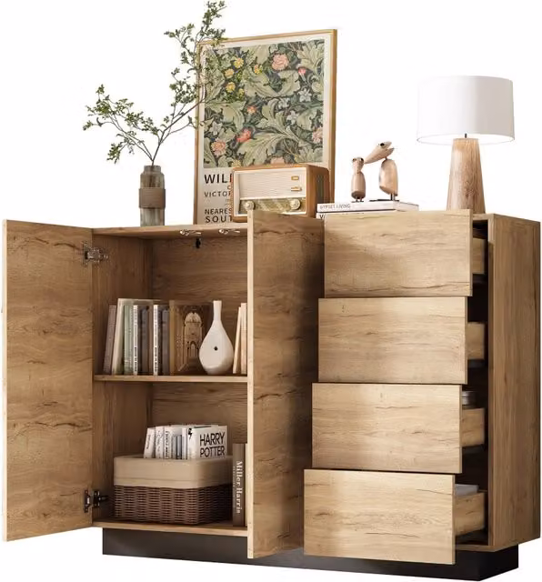 Credenza moderna con 2 ante a pressione e 4 cassetti in MDF per soggiorno, cucina o sala da pranzo, colore nero e beige, L 120 x P 35.5 x H 90.5 cm – 1