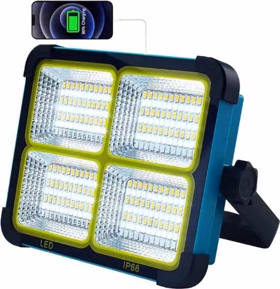 Lampada da cantiere a LED – 100 W ricaricabile – 10000 lumen – Proiettore a LED – Solare e batteria ricaricabile – Lampada da lavoro – Ricaricabile tramite cellulare – IP66 resistente agli spruzzi d'acqua