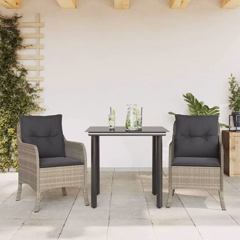 Set Pranzo da Giardino vidaXL in Polyrattan con Cuscini e Tavolo in Vetro, 3 Pezzi, Grigio Antracite