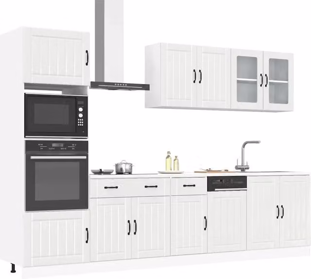 Set di mobili da cucina vidaXL in stile classico bianco lucido con ante in vetro e cassetti, composto da 7 pezzi