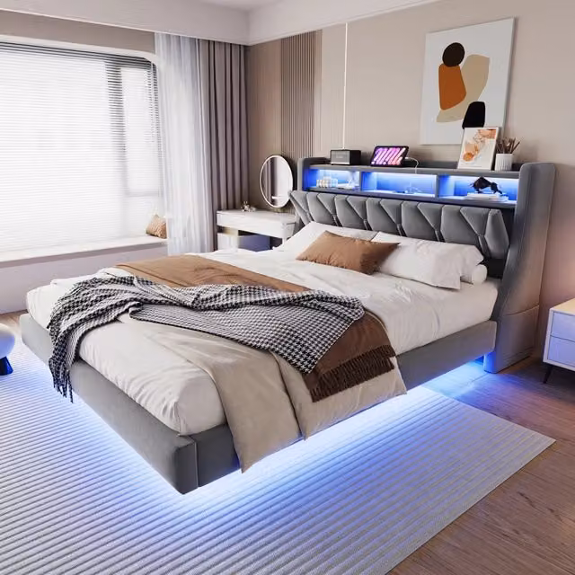 Letto matrimoniale OKWISH in tessuto grigio con prese USB, luci LED integrate e ripiani laterali, L/P/H: 180 x 200 x 219 cm