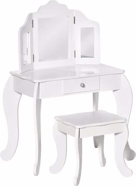 Tavolo da trucco per bambini HOMCOM con sgabello e triplo specchio in legno e acrilico, Bianco, L: 63 cm, P: 40 cm, H: 85.5 cm