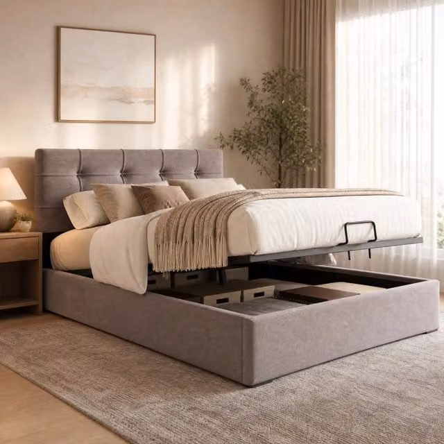 Letto imbottito 90x200 cm con contenitore e testiera regolabile; velluto grigio chiaro