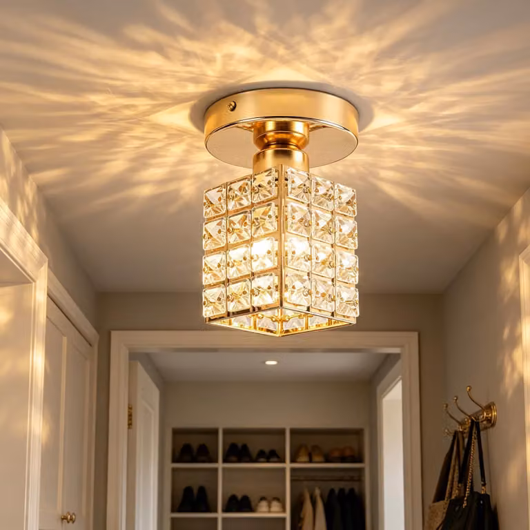 Lampada a soffitto mini, dorata, con vetro K9, dimensioni 18x13 cm, compatibile con lampadine E27