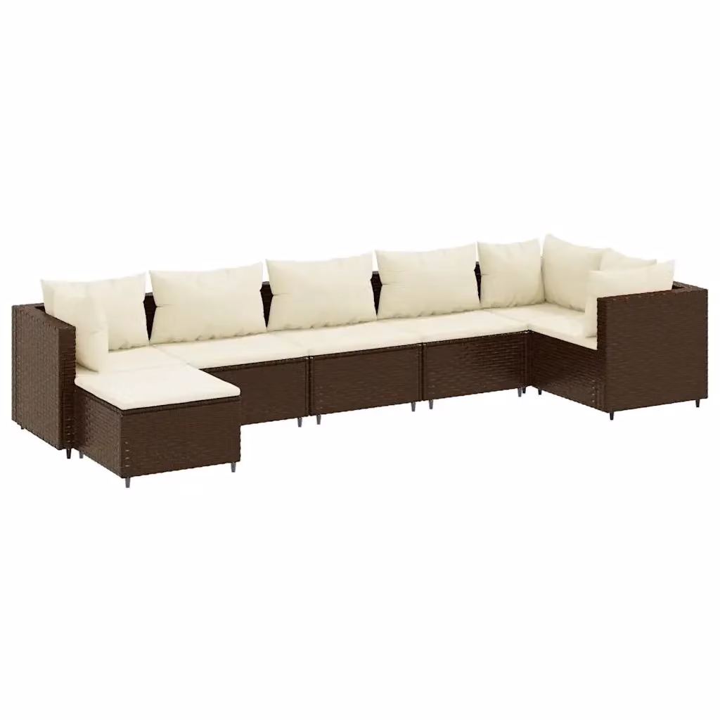 vidaXL Set Divani da Giardino 7 pz a Forma a L in Polyrattan Marrone e Bianco con Cuscini e Ottoman – 2