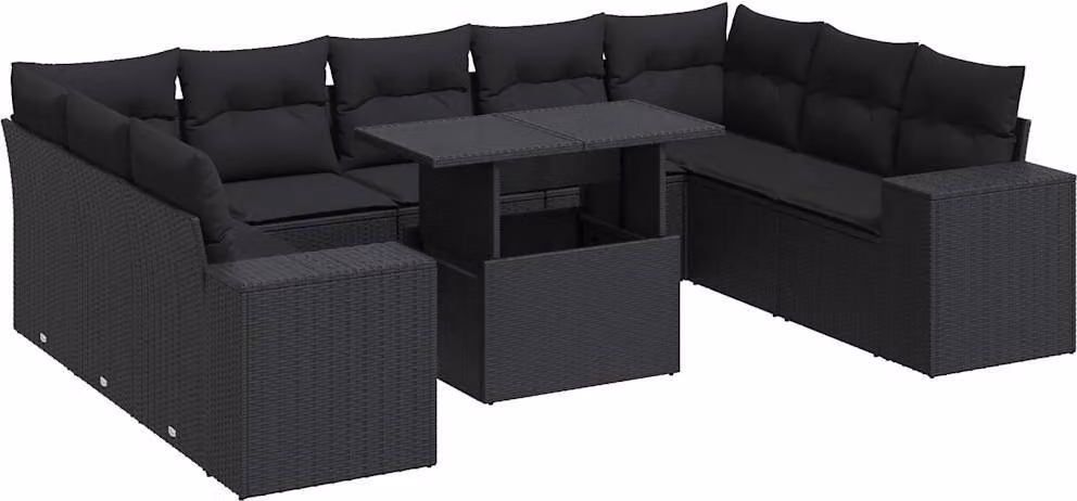 Set Divani da Giardino 10pz con Cuscini in Polyrattan Nero