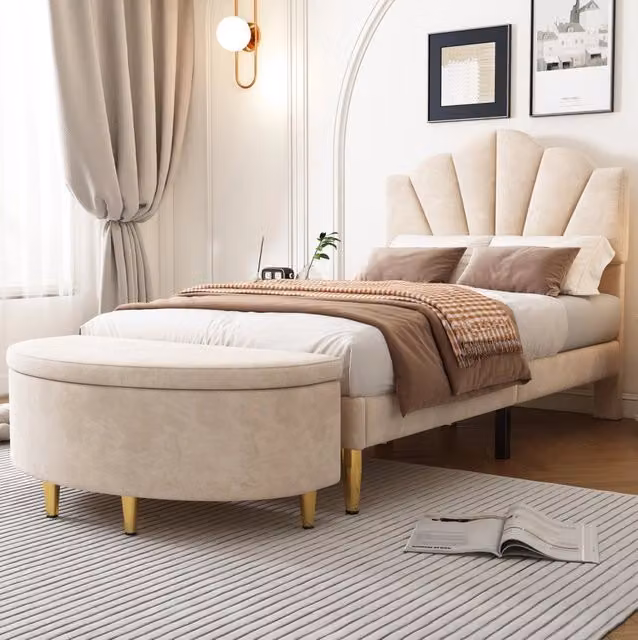 Letto imbottito 90x200 cm in velluto beige con testiera regolabile e rete a doghe