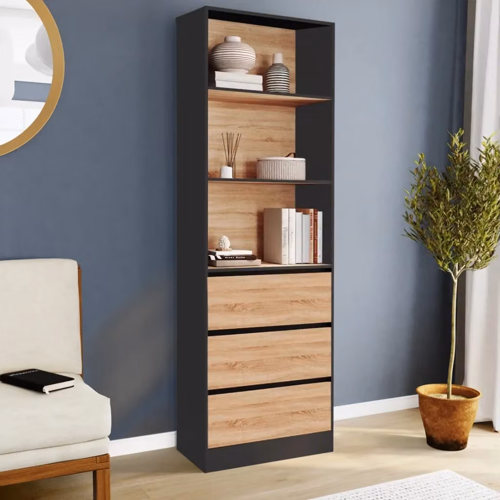 IDMarket Libreria CARLA Moderna con 3 Cassetti e Ripiani Regolabili, Colore Nero ed Effetto Legno, H: 190 cm – 2