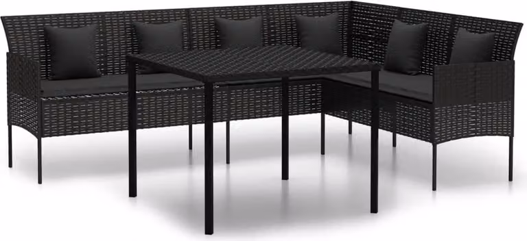 Set da Pranzo da Giardino 2 pz con Cuscini Nero in Polyrattan