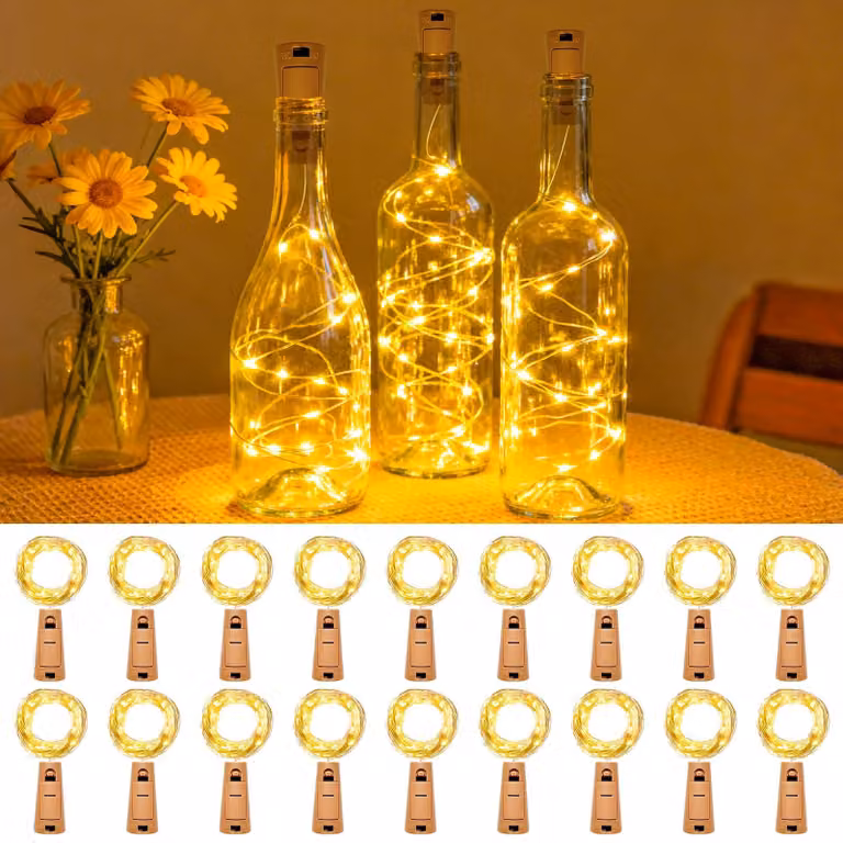 Catena luminosa a LED, 18 pezzi, 2 metri, 20 LED, luce bianco caldo, alimentazione a batteria