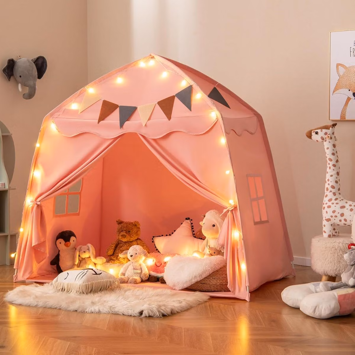 Tenda da gioco portatile e lavabile per bambini Costway con bandiere e luci a globo, Rosa