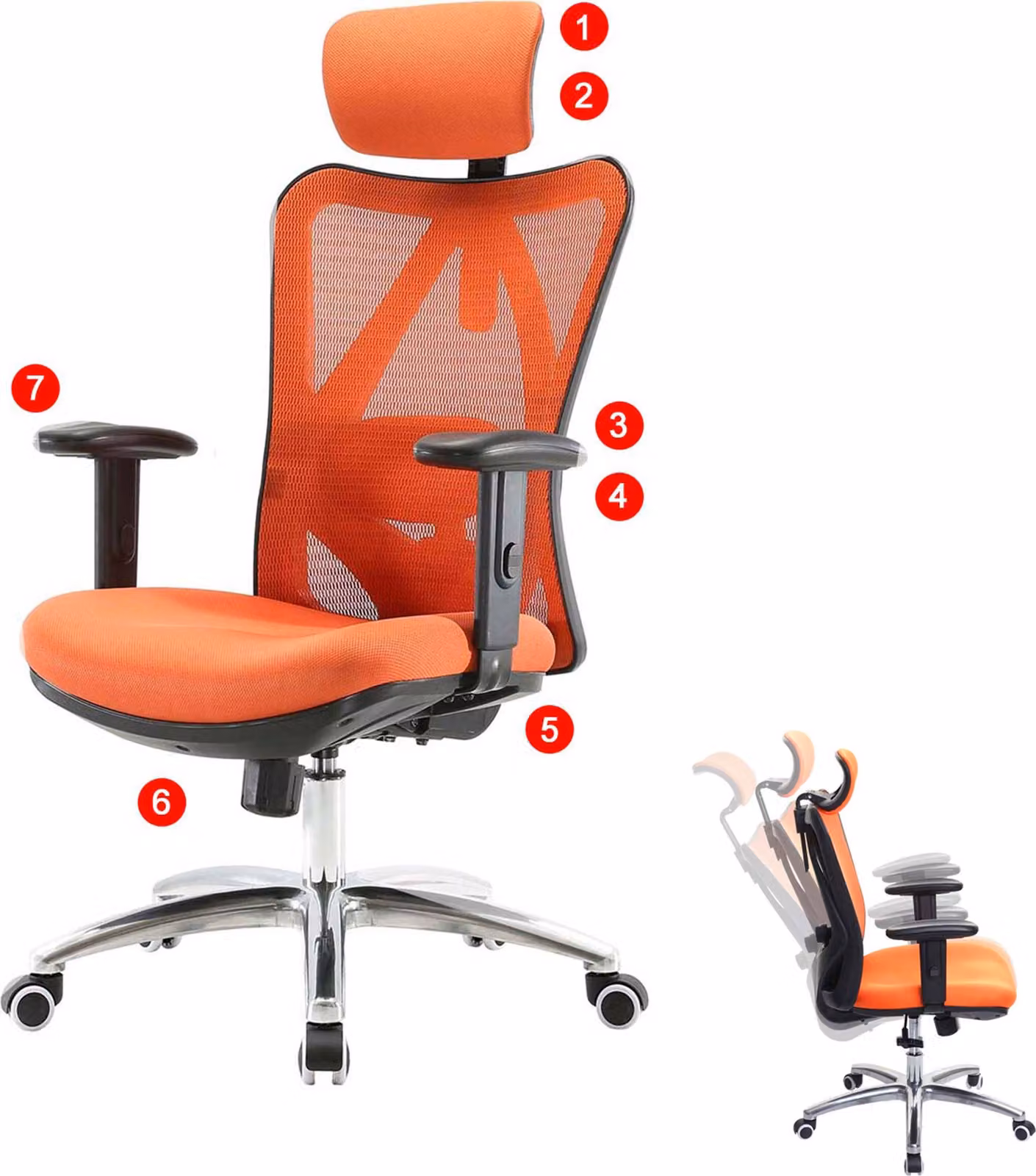 Sedia da ufficio HWC-J86, sedia da scrivania, ergonomica, supporto lombare regolabile, portata 150 kg ~ senza poggiapiedi, arancione