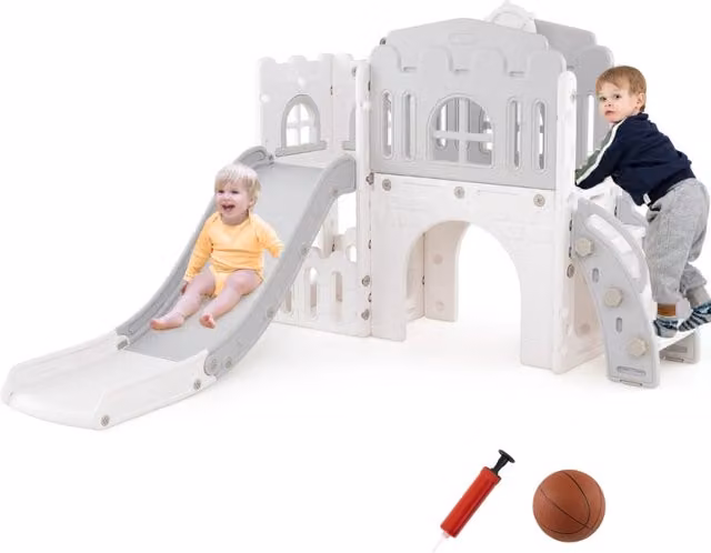 Scivolo per bambini 9 in 1 con canestro da basket e spazio di archiviazione-Scivolo da interno per bambini 1+ anni Bianco e grigio