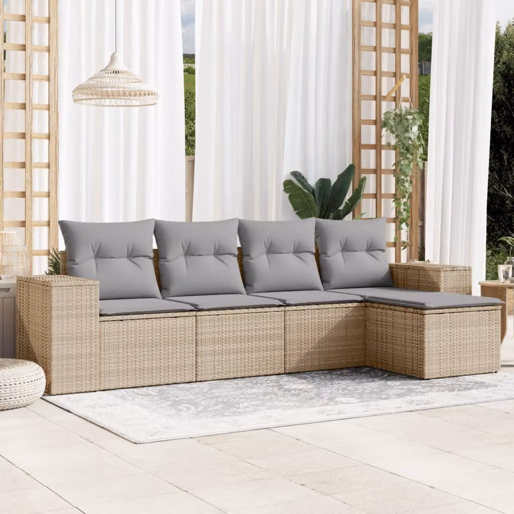 Set Divano da Giardino vidaXL 5 pz in Polyrattan con Cuscini Beige e Grigio