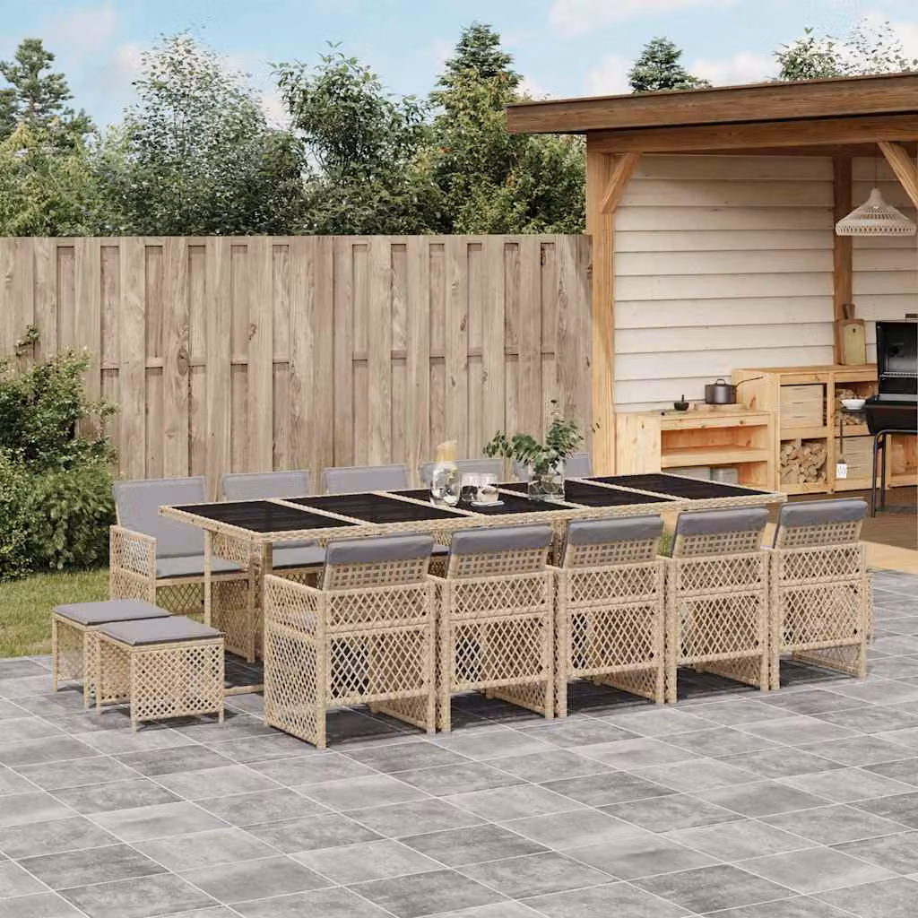 vidaXL Set da Pranzo da Giardino 15 pz in Polyrattan con Cuscini Beige e Grigio e Tavolo in Vetro – 1