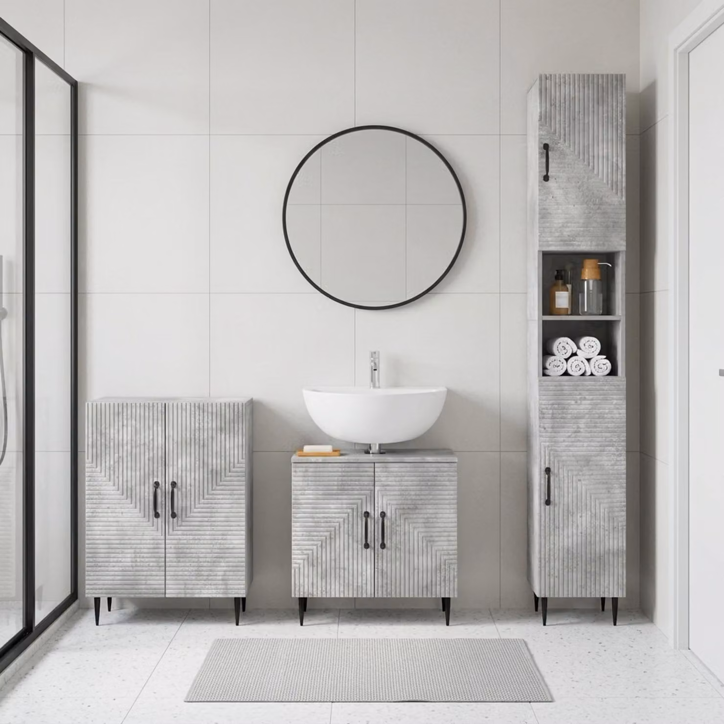 Set di armadietti da bagno HAARLEM di vidaXL in 3 pezzi, design moderno in grigio cemento con mobile sottolavabo e pensili