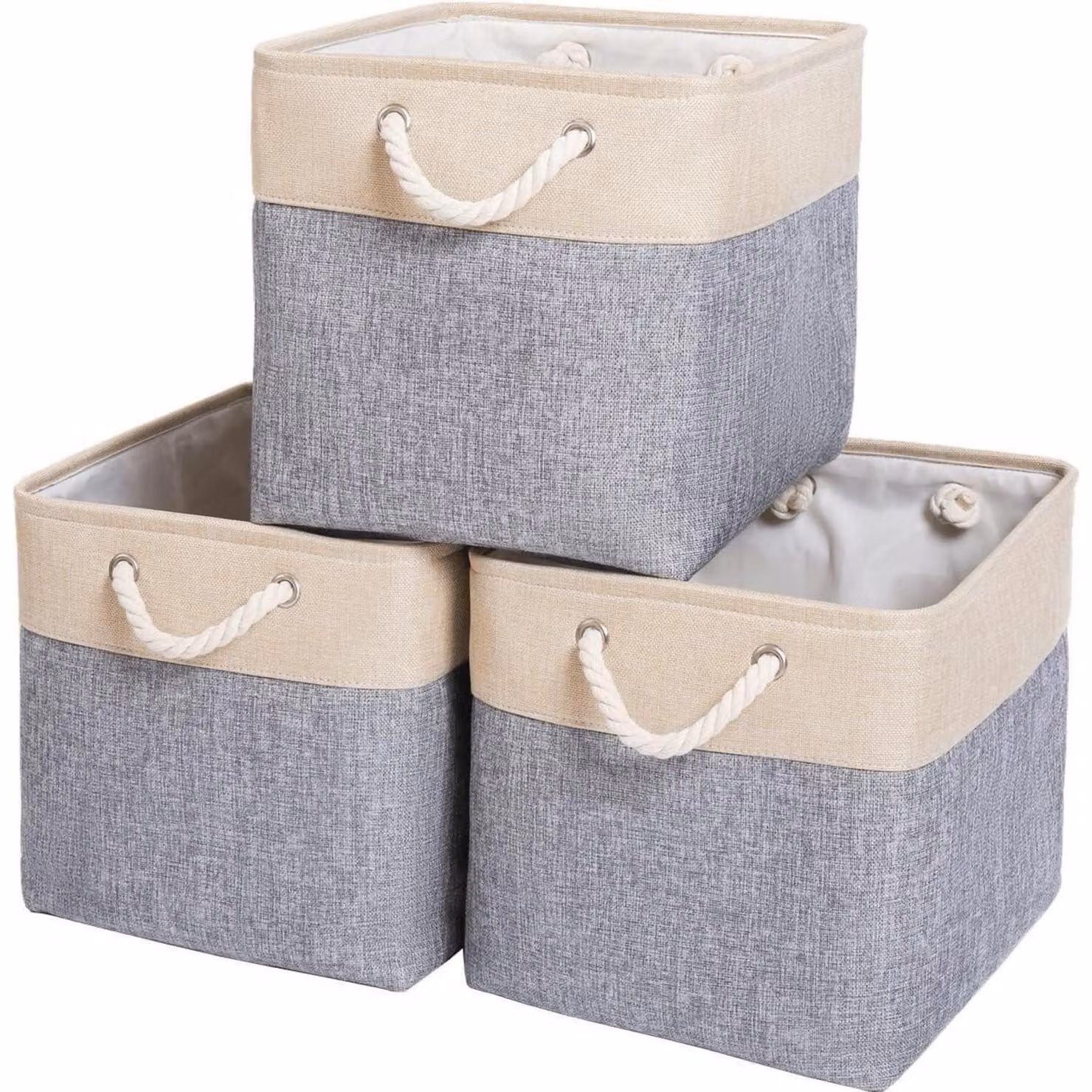 Cesti pieghevoli per la conservazione, con manico in pelle, set da 4, colore grigio/beige, dimensioni 33x38x33 cm