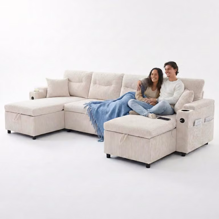 LVHOM Divano letto a U con contenitore, USB-C - Divano angolare con funzione letto, divano da salotto in velluto a coste a 4 posti, divano con contenitore, beige