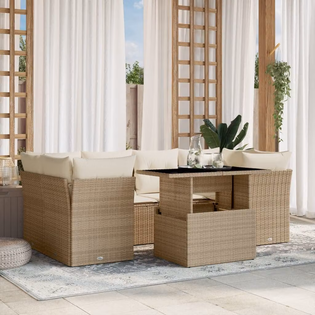 Set di divani da giardino vidaXL 7 pezzi in rattan con cuscini beige e tavolino da esterno – 1