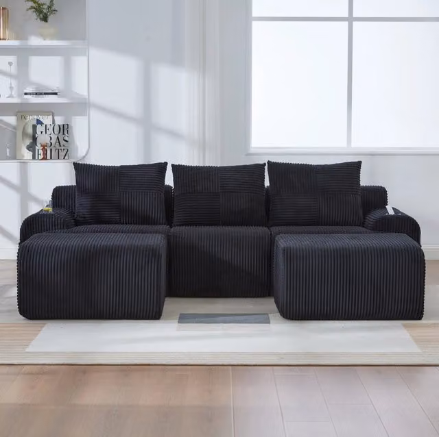Divano modulare 3 posti in corduroy nero con portabicchieri e tasca laterale; 268 cm