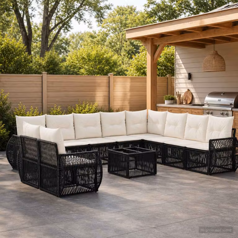 Set Divano da Giardino vidaXL 11 Pezzi a Forma di L con Tavolino, Polyrattan e Struttura in Acciaio, Colore Nero e Bianco Crema