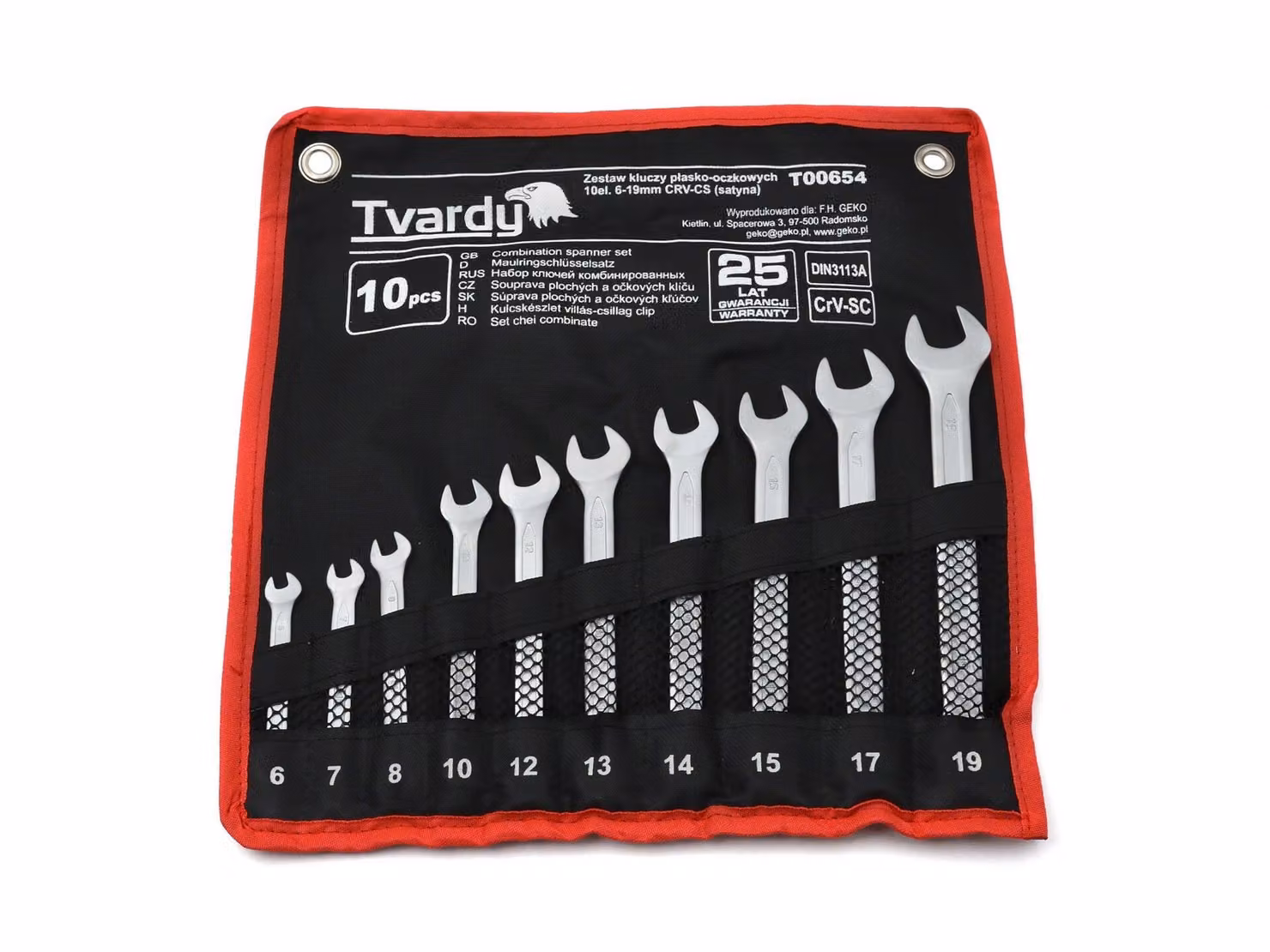 Set di chiavi combinate professionali da 10 pezzi 6-19 mm in acciaio CRV, finitura satinata, con supporto a parete - Utensili di alta qualità per utenti esigenti.