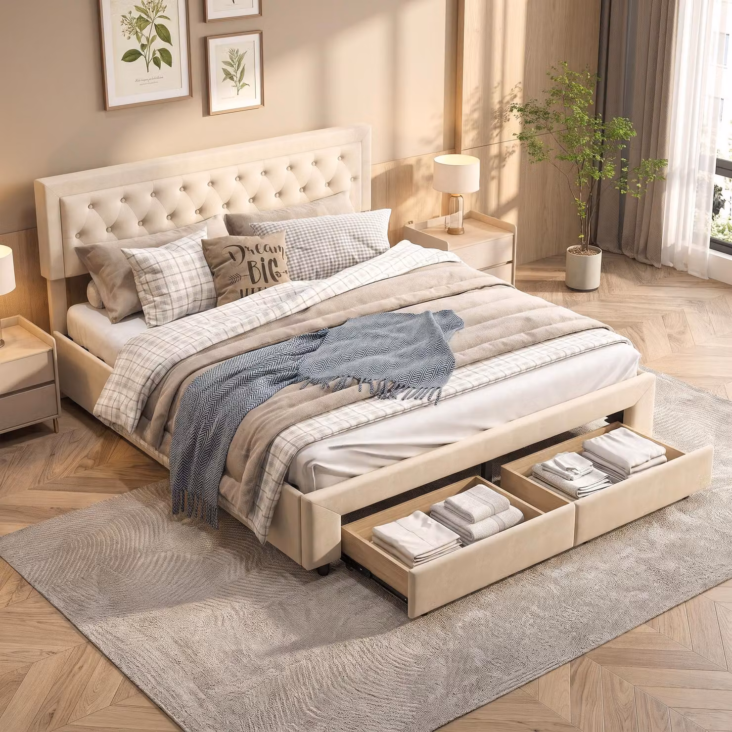 Letto matrimoniale con boxspring INONEFT, 180x200 cm, con spazio contenitore. Letto imbottito a due piazze con 2 cassetti, struttura letto con boxspring e rete a doghe, rivestito in velluto, colore beige